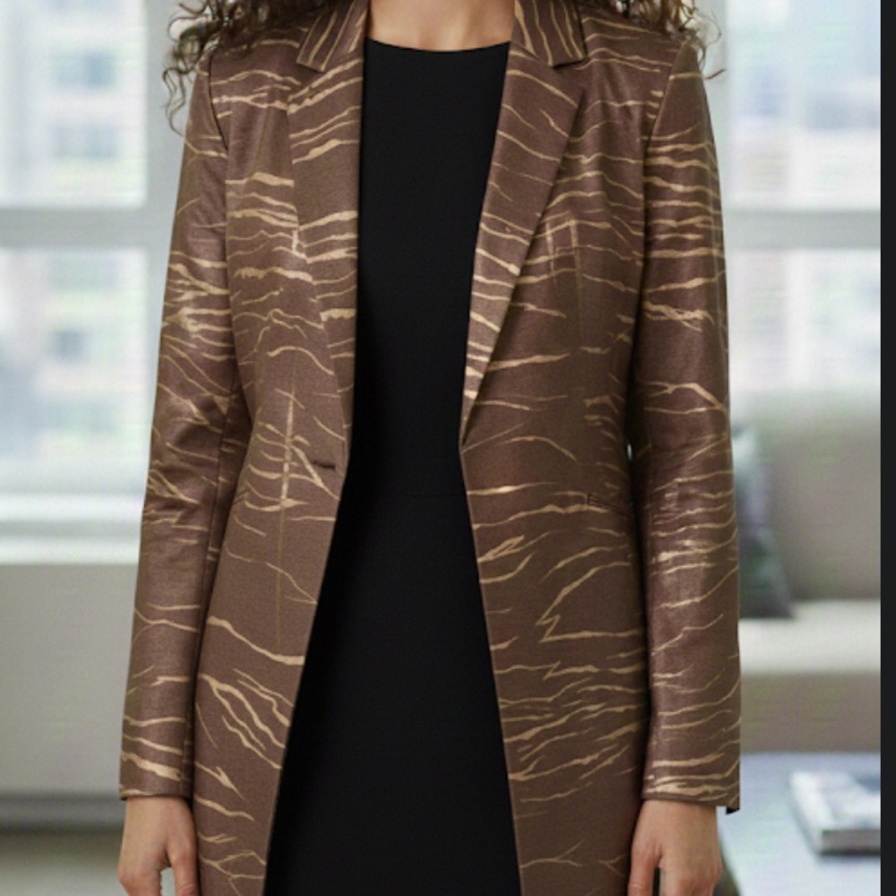 Reglan Collection Brown Gold Metallic Zebra Print Longline Blazer Jacket Size M